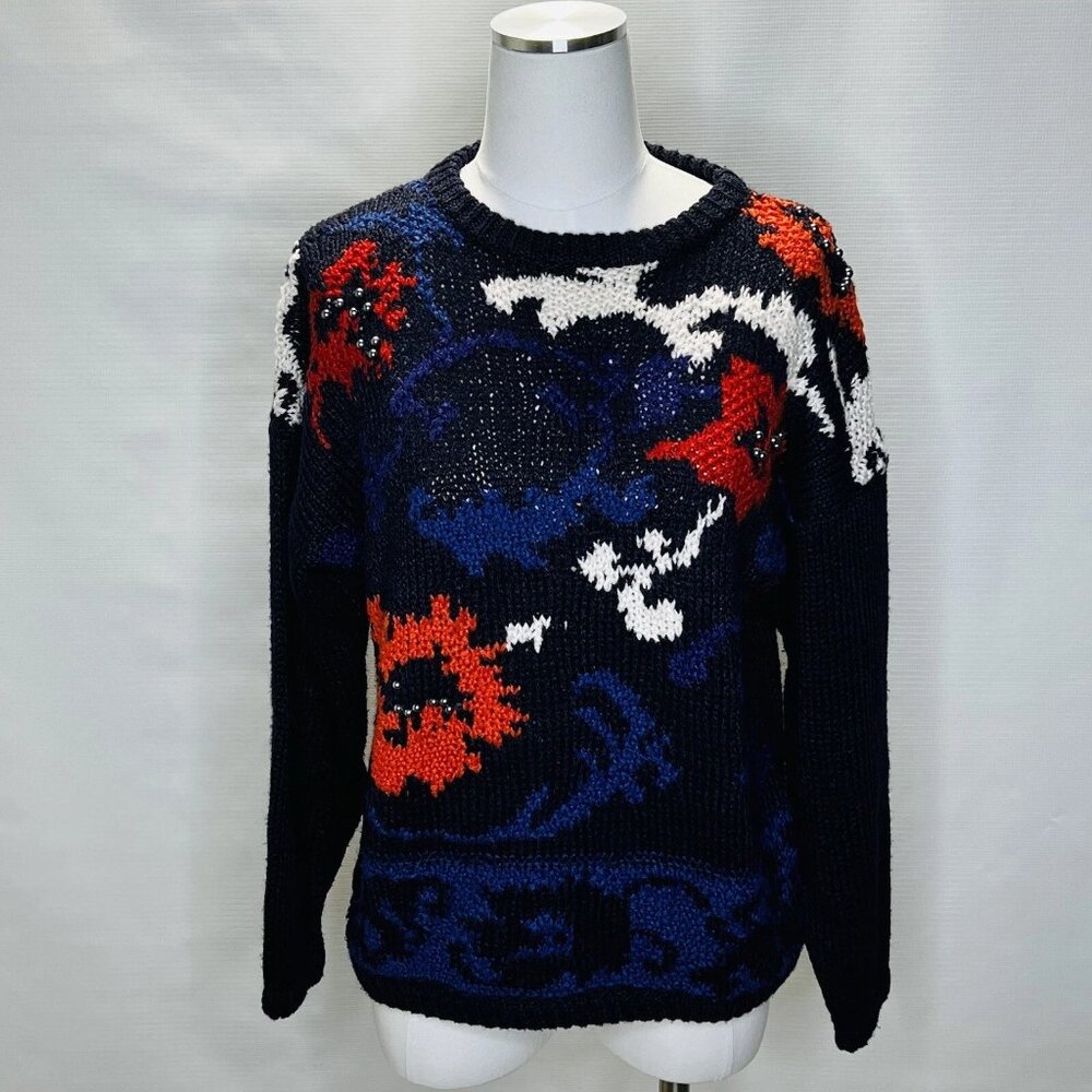 Kitty Hawk Vivian Wang Flowers Colorful Art to Wear Sweater Women's Size Small